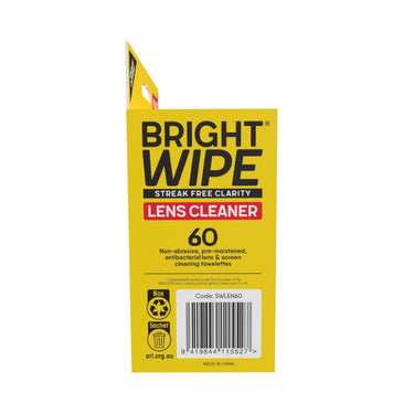 BRIGHTWIPE Lens Wipes - Non-abrasive, pre-moistened, antibacterial lens and screen cleaning towelettes - pack of 60